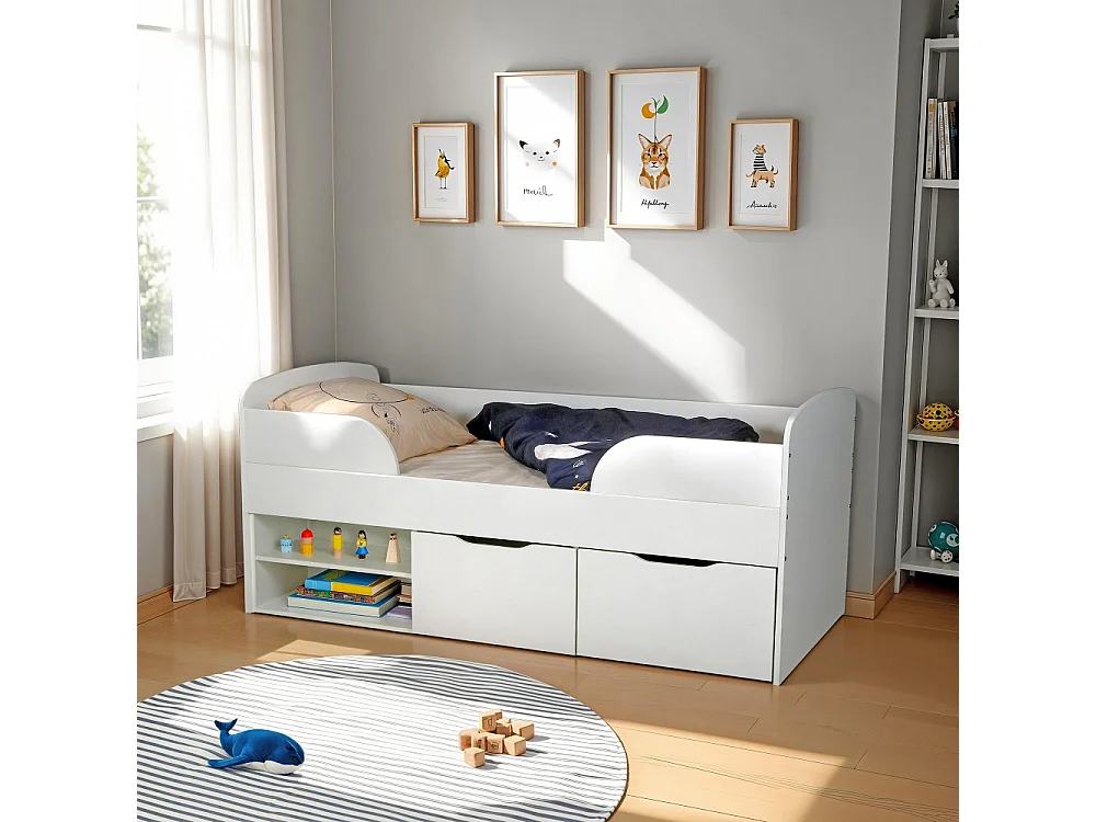 Lit mi-hauteur 90x190 cm ELIO avec sommier et rangements / Blanc