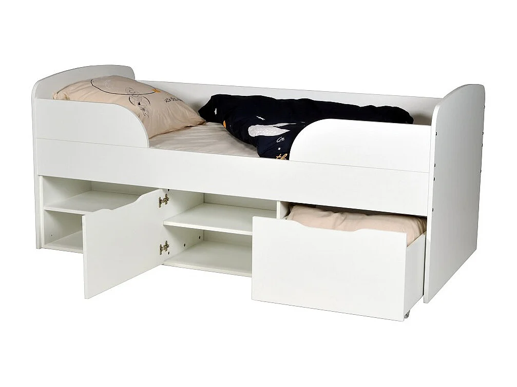 Lit mi-hauteur 90x190 cm ELIO avec sommier et rangements / Blanc