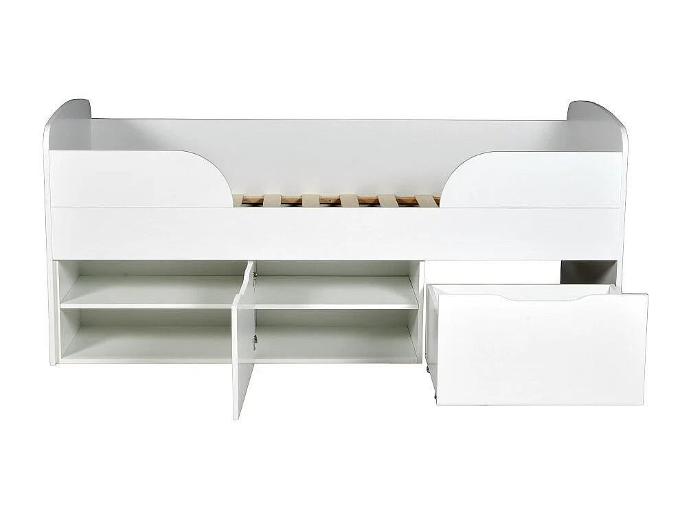 Lit mi-hauteur 90x190 cm ELIO avec sommier et rangements / Blanc