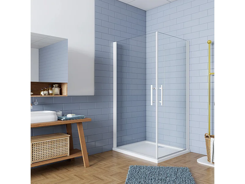 90x80x185cm Duschtrennwand Drehtür Glastür Nischentür Duschtür Duschkabine weiß matt mit duschwanne