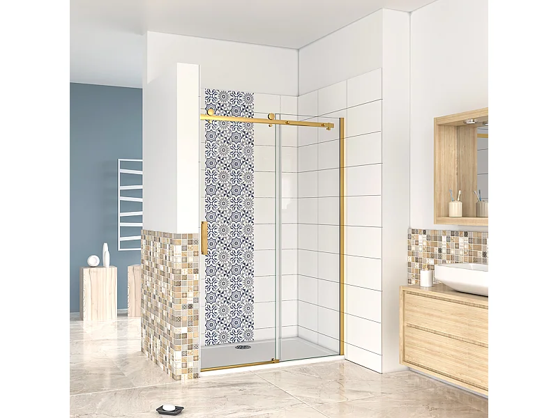 Box Doccia Per Nicchia Porta Scorrevole Ingresso Laterale in Vetro 8mm Temperato Trasparente Anticalcare Telaio Cromato Lucido Finitura Oro 120x195 cm