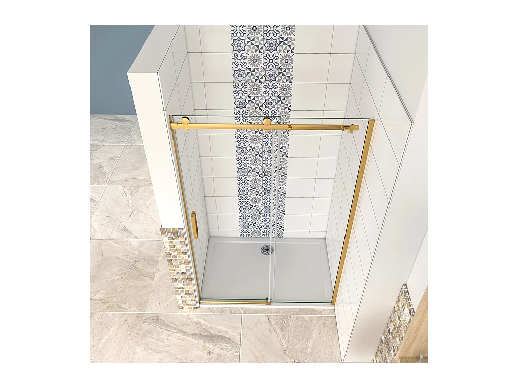 Box Doccia Per Nicchia Porta Scorrevole Ingresso Laterale in Vetro 8mm Temperato Trasparente Anticalcare Telaio Cromato Lucido Finitura Oro 120x195 cm