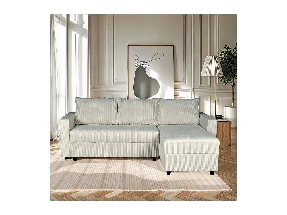 Canapé d'angle convertible et réversible avec coffre THEO en velours côtelé / Gris clair