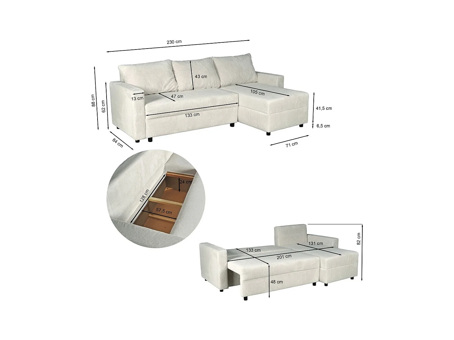 Canapé d'angle convertible et réversible avec coffre THEO en velours côtelé / Gris clair