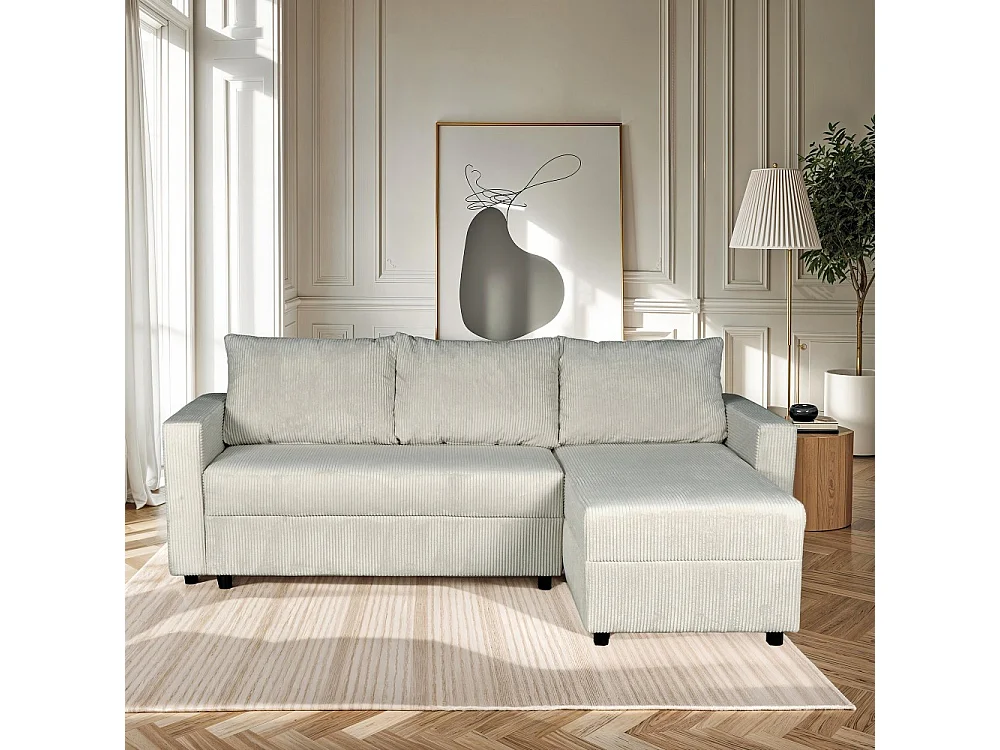 Canapé d'angle convertible et réversible avec coffre THEO en velours côtelé / Gris clair