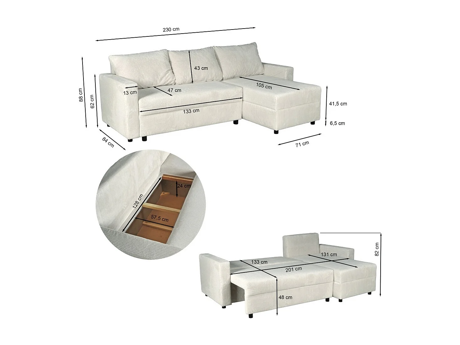 Canapé d'angle convertible et réversible avec coffre THEO en velours côtelé / Gris clair