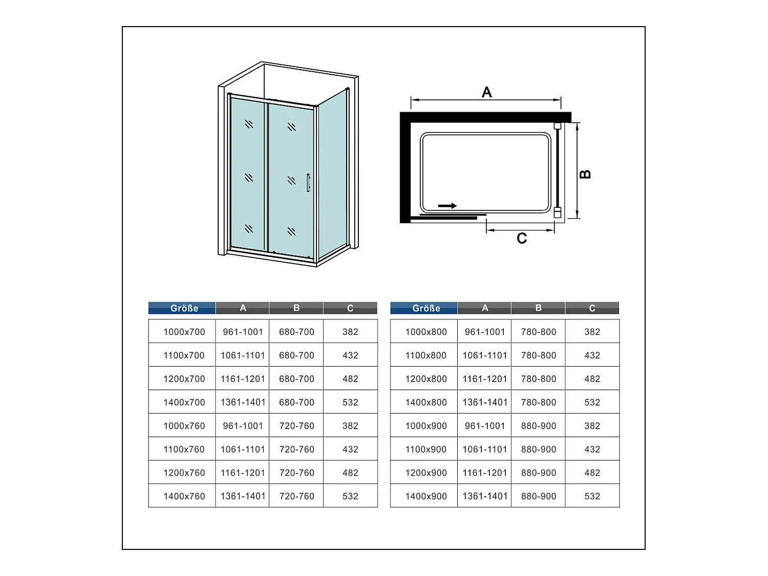 190cm 5mm ESG Sicherheitsglas Schiebetür Duschtür Duschkabine mit Seitenwand
