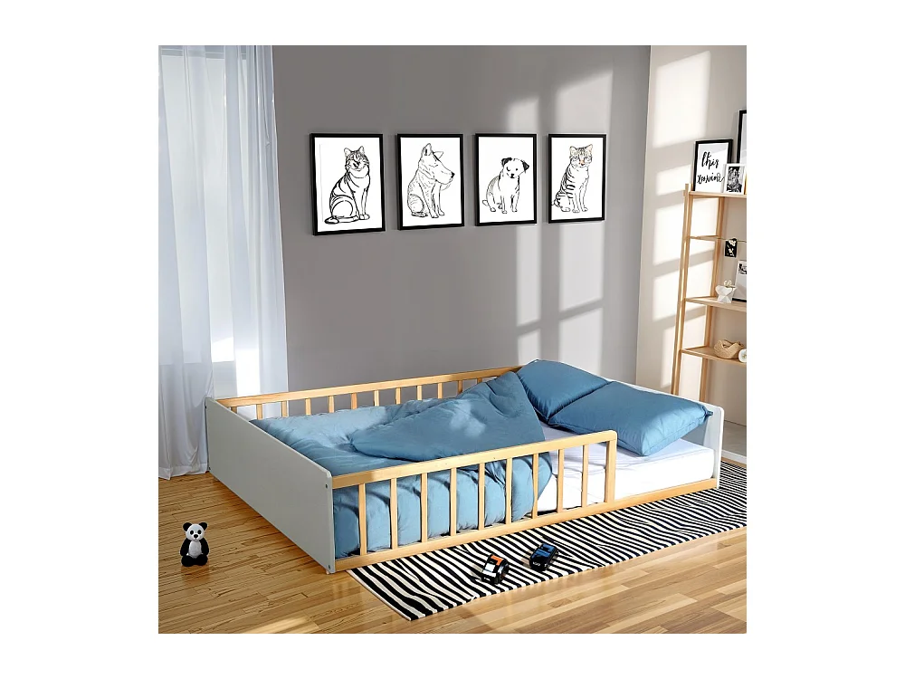 LIT 140x190 PILOU avec sommier / Blanc et naturel