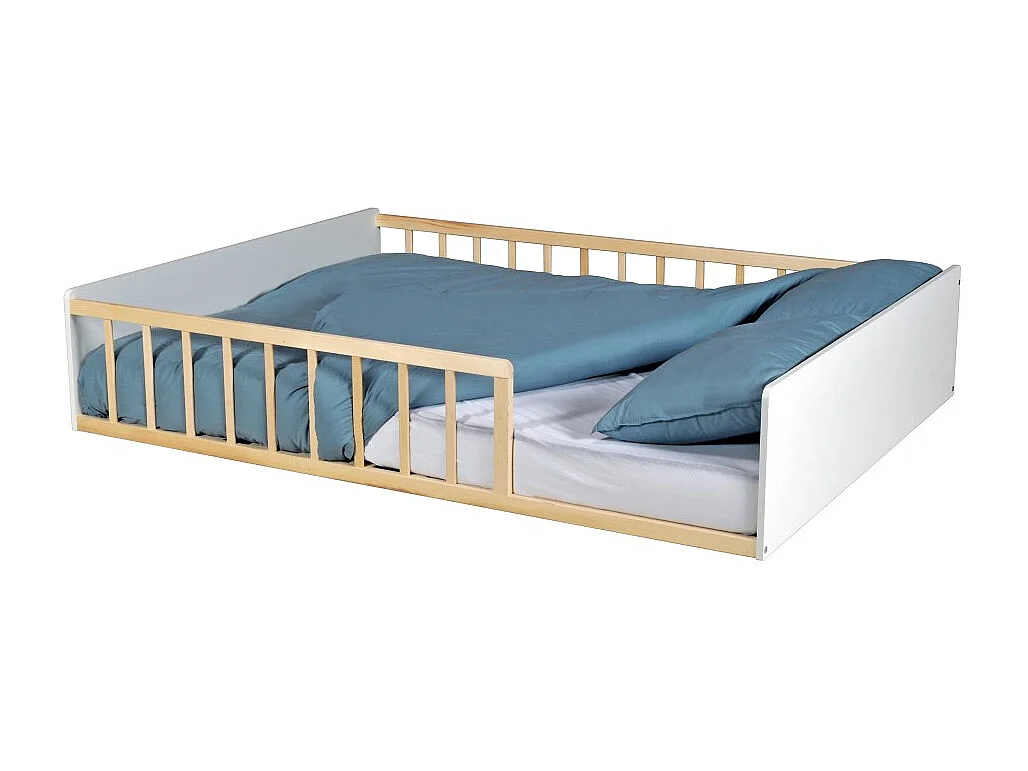 LIT 140x190 PILOU avec sommier / Blanc et naturel