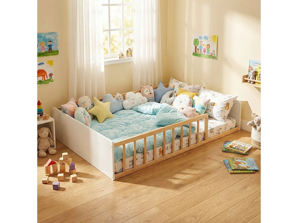 LIT 140x190 PILOU avec sommier / Blanc et naturel