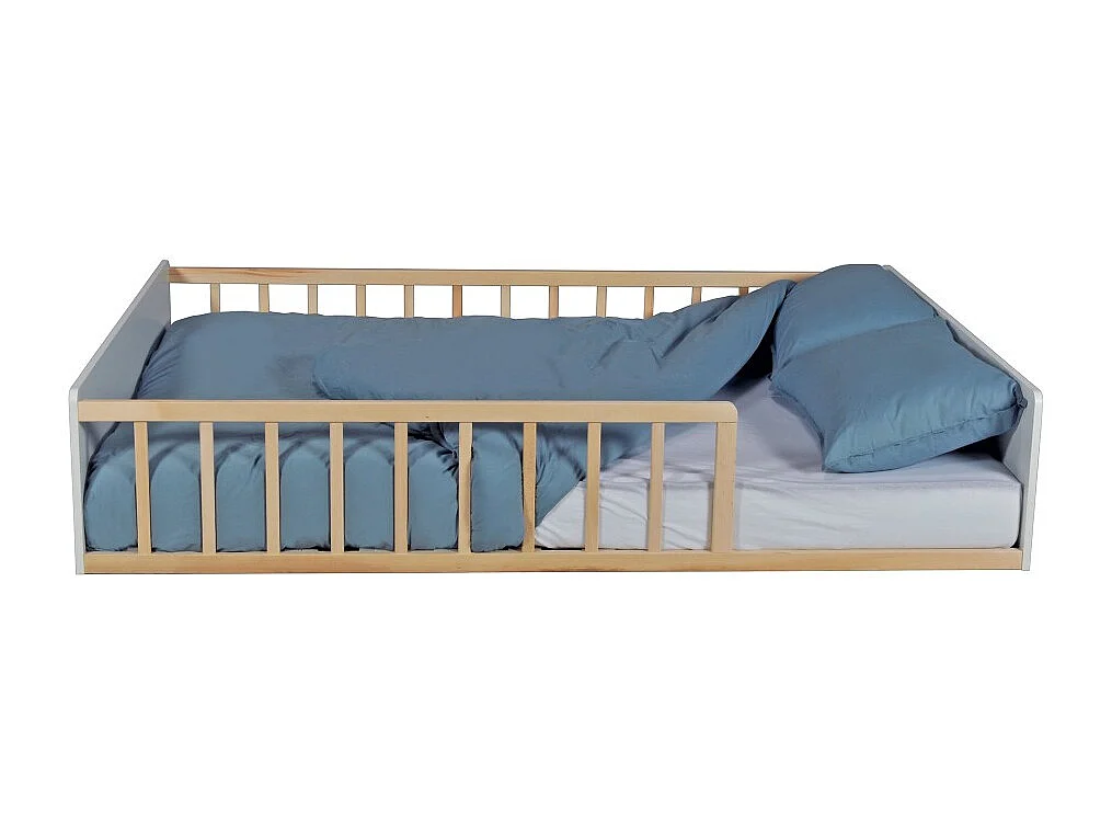 LIT 140x190 PILOU avec sommier / Blanc et naturel