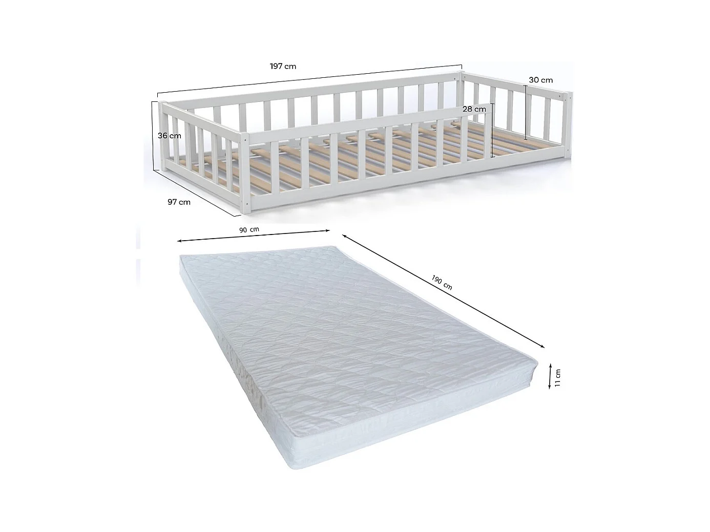Lit NINO 90x190 avec sommier et matelas / Blanc