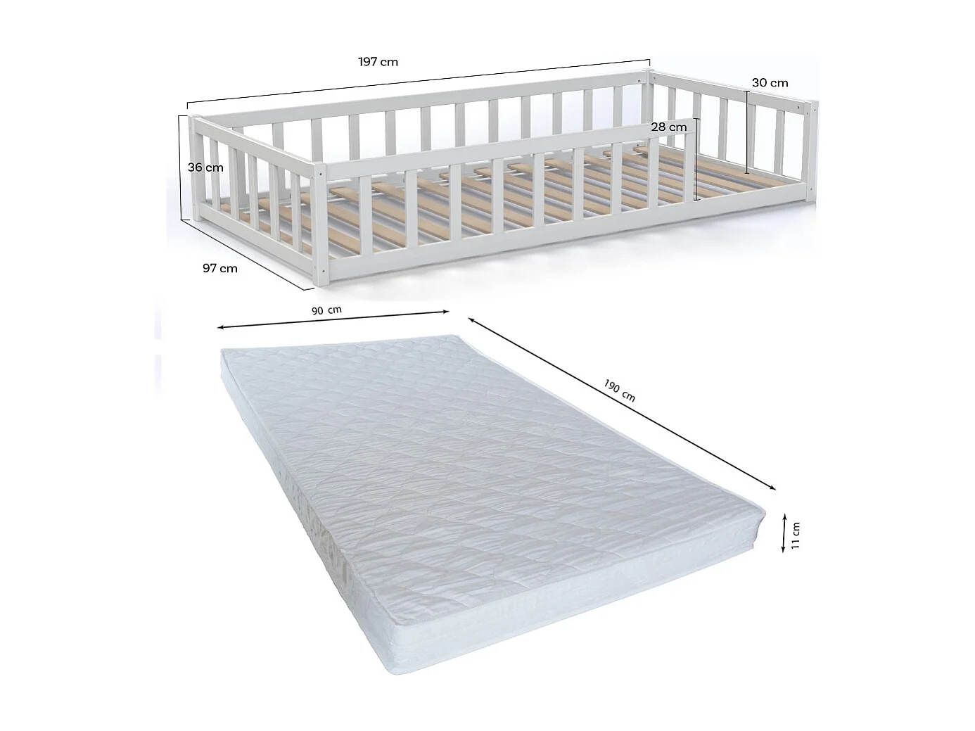 Lit NINO 90x190 avec sommier et matelas / Blanc