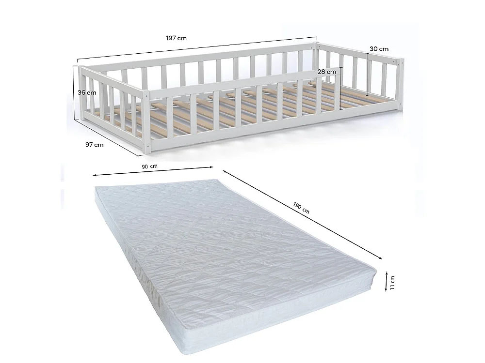 Lit NINO 90x190 avec Matelas et sommier/ Blanc