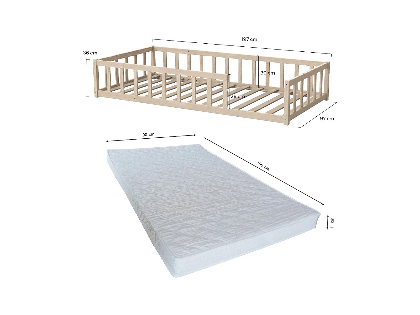 Lit NINO 90x190 avec sommier et matelas / Naturel
