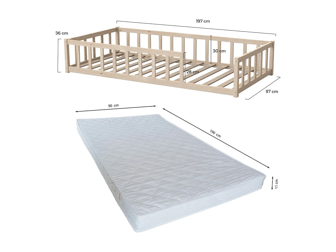 Lit NINO 90x190 avec sommier et matelas / Naturel