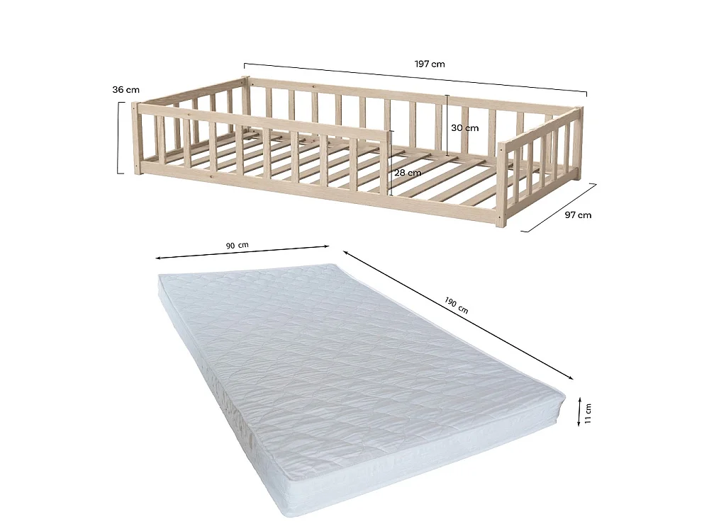 Lit NINO 90x190 avec Matelas et sommier/ Bois clair