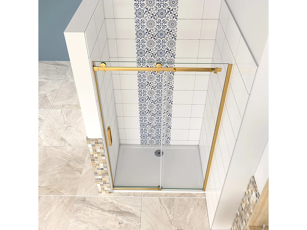 Box Doccia Per Nicchia Porta Scorrevole Ingresso Laterale in Vetro 8mm Temperato Trasparente Anticalcare Telaio Cromato Lucido Finitura Oro 110x195 cm
