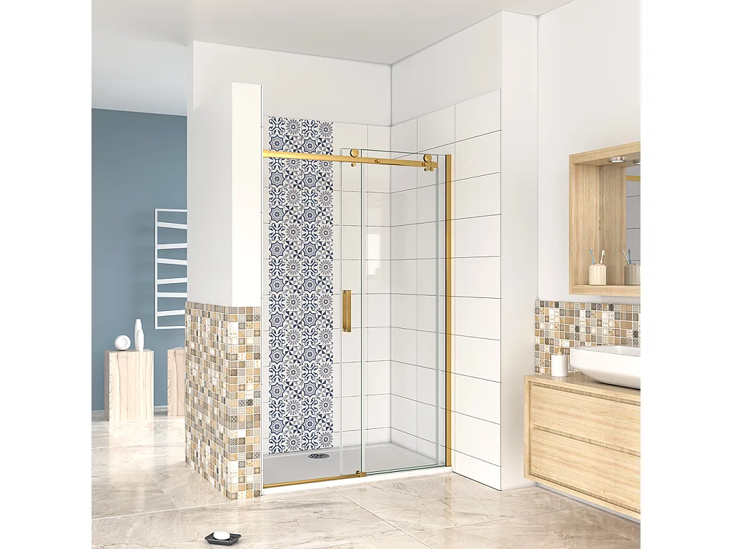 Box Doccia Per Nicchia Porta Scorrevole Ingresso Laterale in Vetro 8mm Temperato Trasparente Anticalcare Telaio Cromato Lucido Finitura Oro 140x195 cm