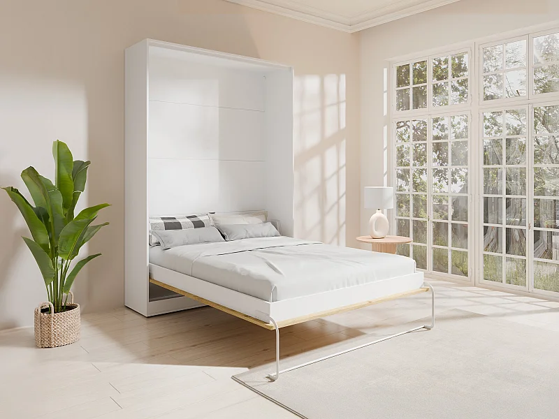 Cama rebatível 140 x 200 cm – Abertura vertical manual – Cor: natural e branco + Colchão – BEGANIO