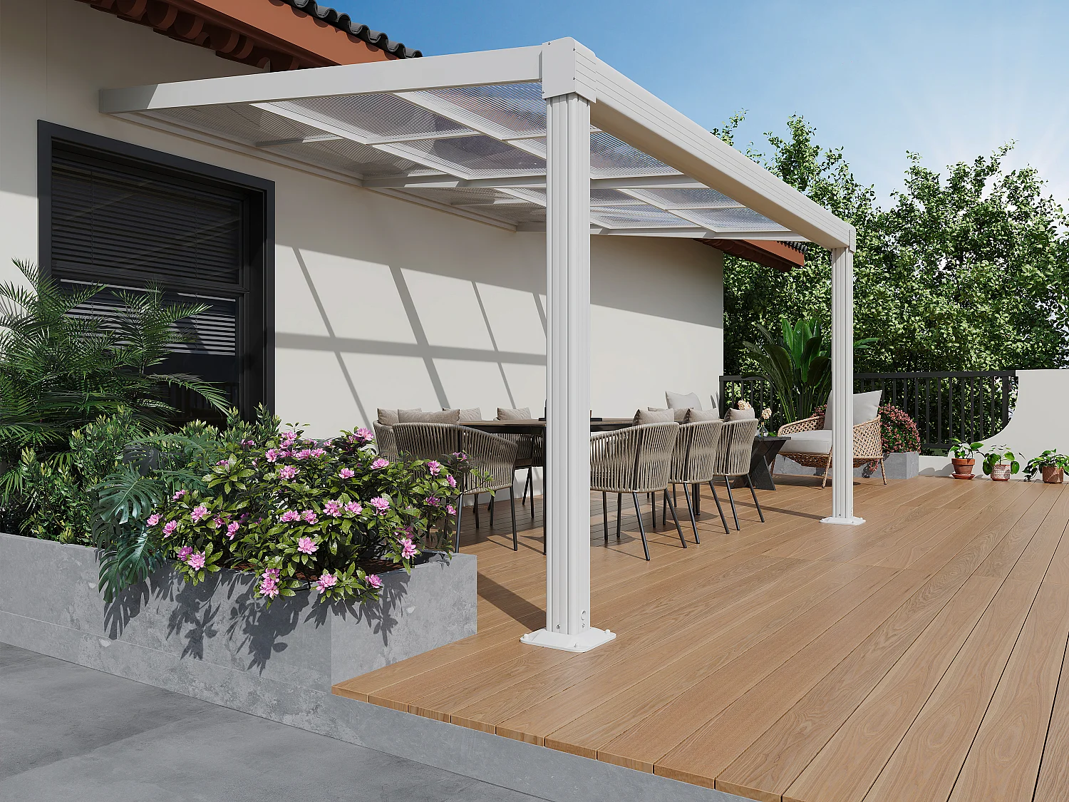 Pergola adossée en aluminium avec toit coulissant - 12 m² - blanc - IZEDA