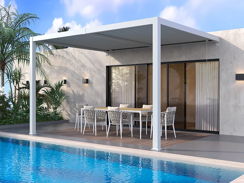 Pergola adossée bioclimatique en aluminium avec lames orientables 12 m² - Blanc - SERADO