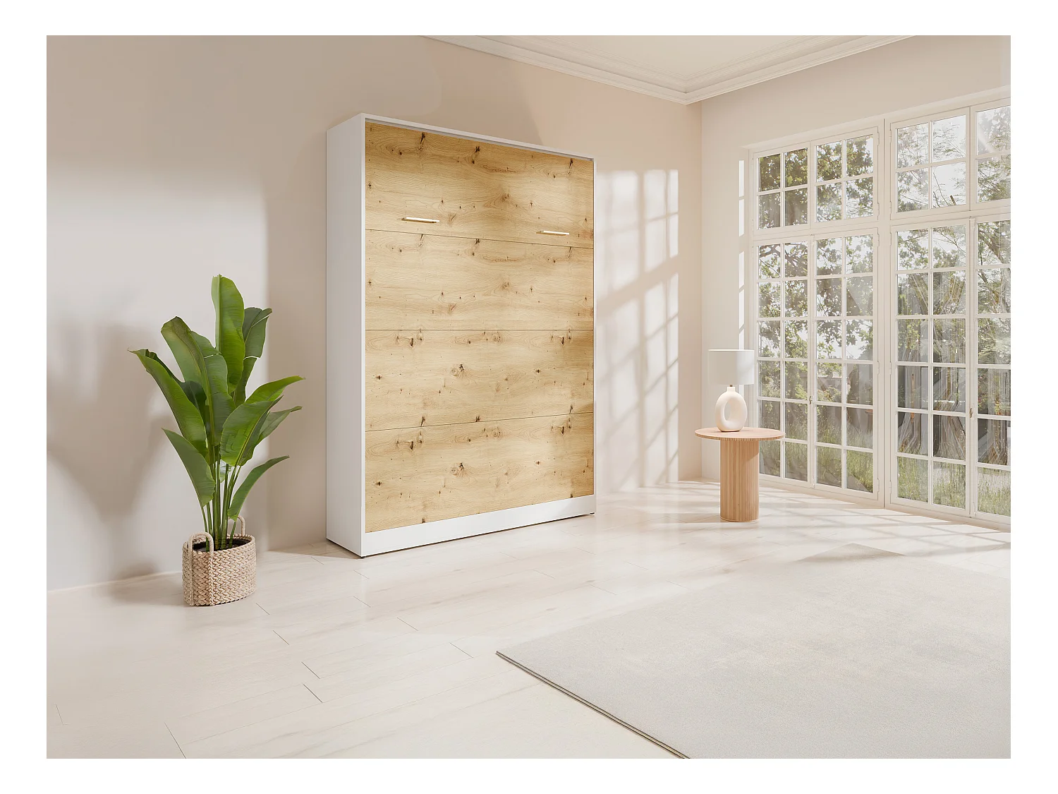 Uttrekkbar seng 160 x 200 cm 160 x 200 cm - Manuell vertikal åpningsmekanisme - Farge: Naturlig og hvit + Madrass - BEGANIO