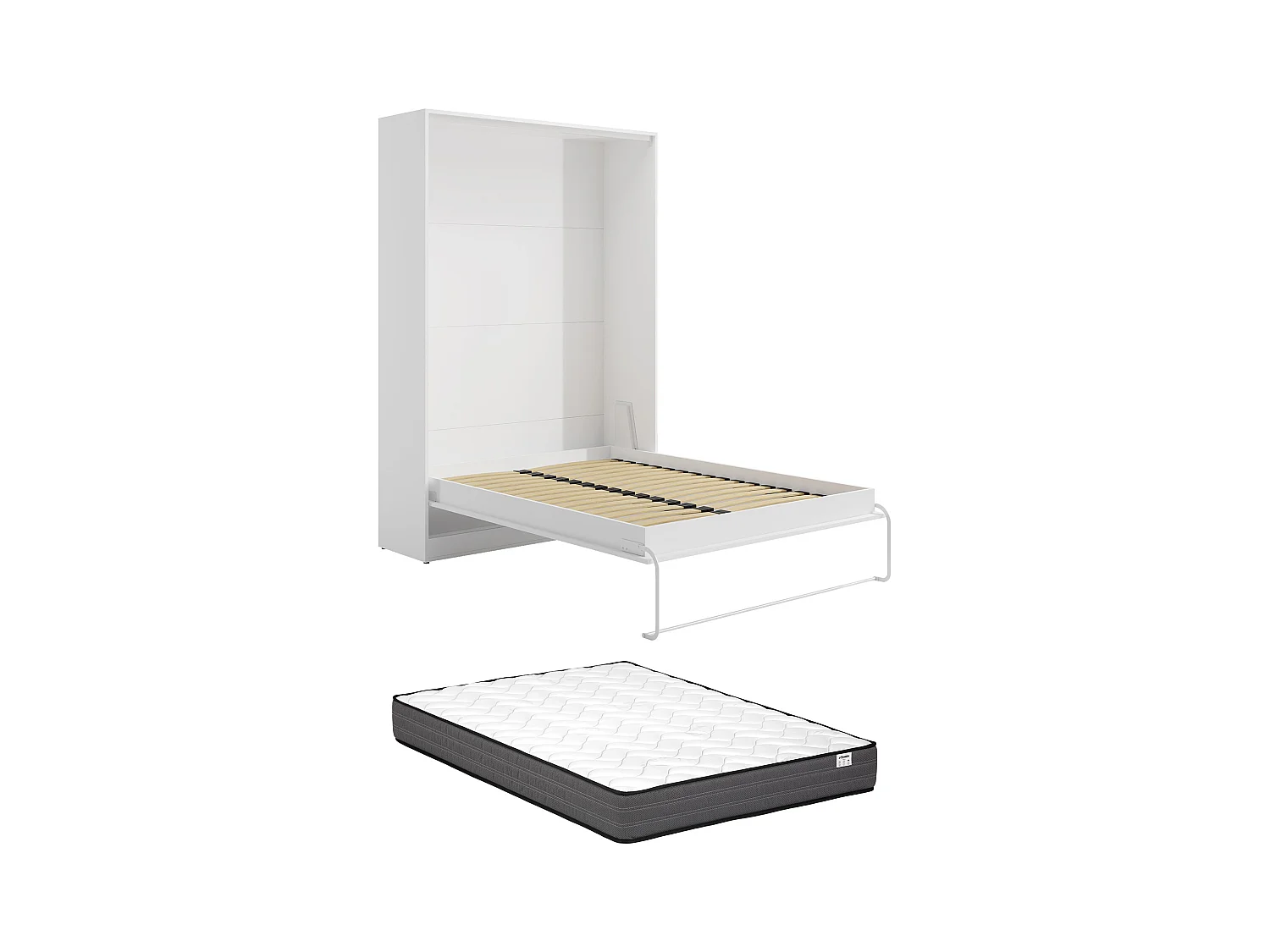 Skjulbar seng 160 x 200 cm - Manuell vertikal åpning - Hvit + Madrass - BEGANIO
