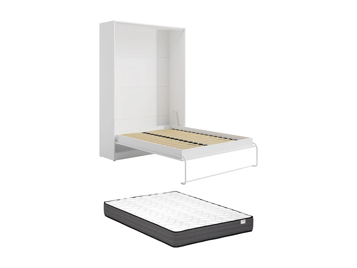 Infällbar säng 160 x 200 cm - Vertikal manuell öppning - Vit + Madrass - BEGANIO