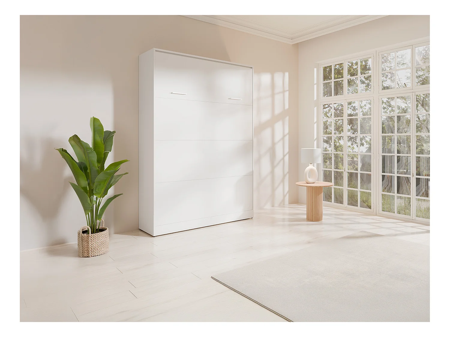 Veggmontert seng 140 x 200 cm - Manuell vertikal åpning - Hvit + Madrass - BEGANIO