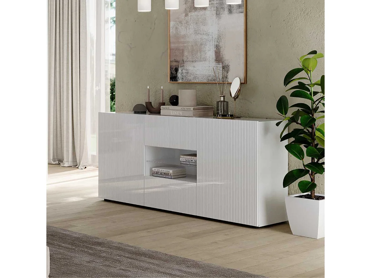 Buffet 2 portes 2 tiroirs blanc façades relief à stries verticales - JANEIRO BLANC