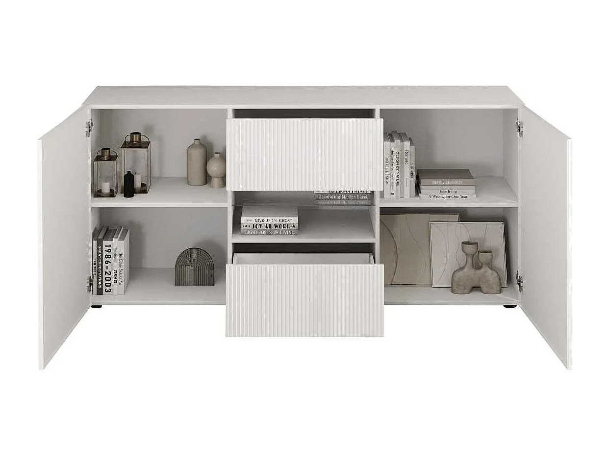 Buffet 2 portes 2 tiroirs blanc façades relief à stries verticales - JANEIRO BLANC