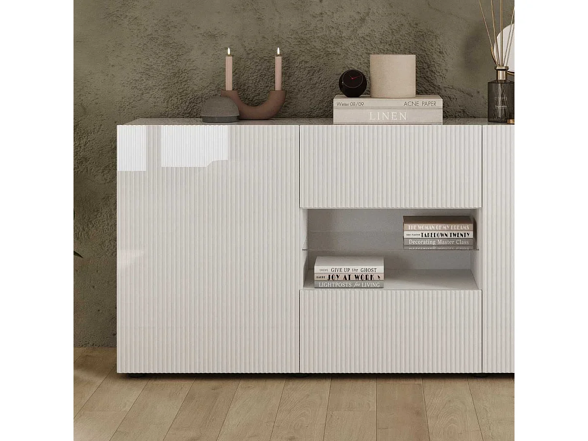 Buffet 2 portes 2 tiroirs blanc façades relief à stries verticales - JANEIRO BLANC