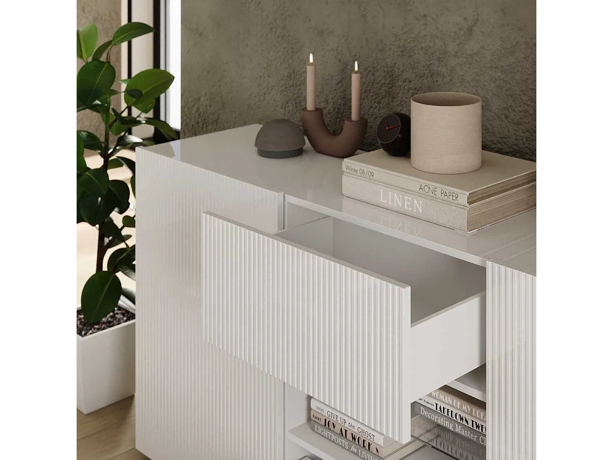 Buffet 2 portes 2 tiroirs blanc façades relief à stries verticales - JANEIRO BLANC