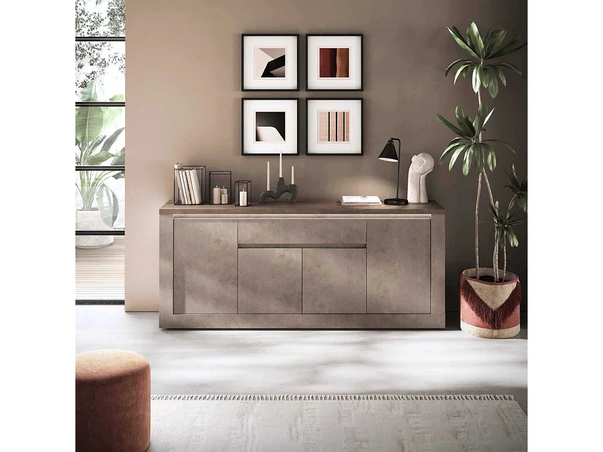 Buffet 4 portes 1 tiroir aspect minéral bronze plateau bois Mercure avec LED - ISALIA BRONZE