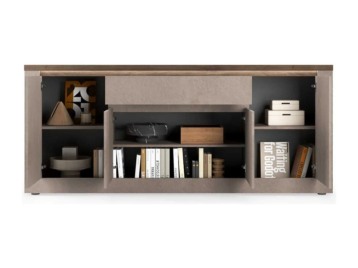 Buffet 4 portes 1 tiroir aspect minéral bronze plateau bois Mercure avec LED - ISALIA BRONZE