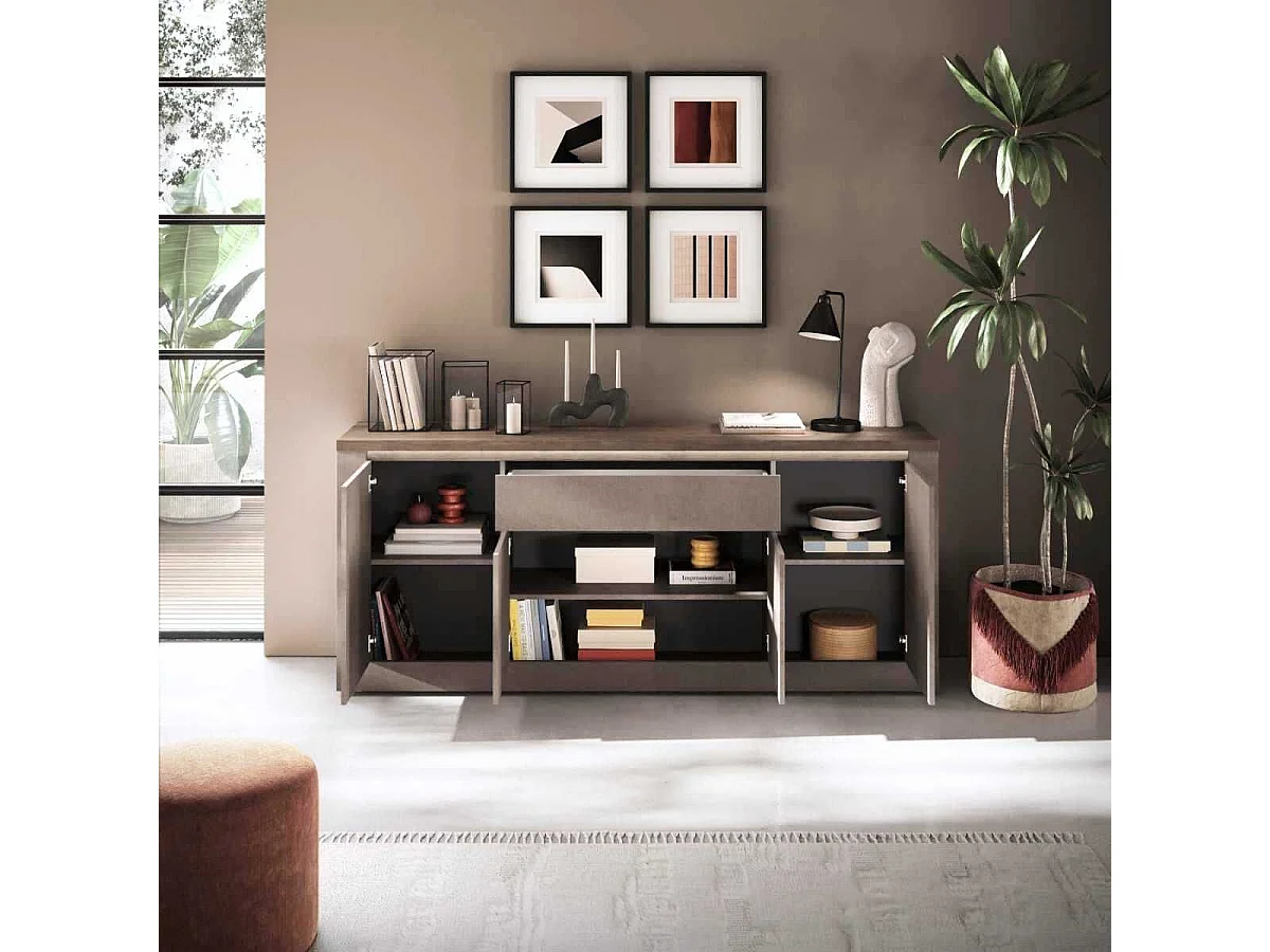 Buffet 4 portes 1 tiroir aspect minéral bronze plateau bois Mercure avec LED - ISALIA BRONZE