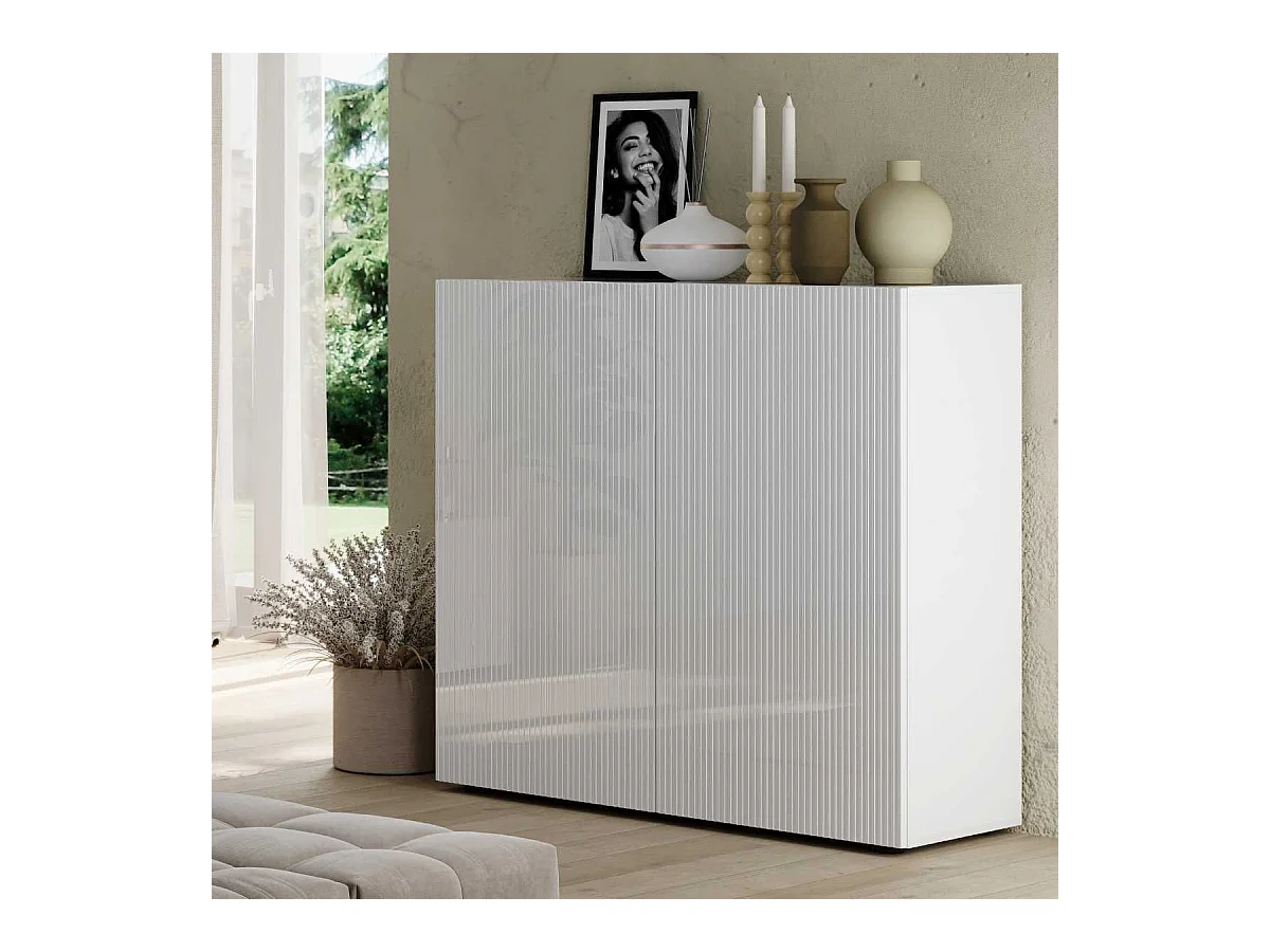 Rangement 2 portes blanc façades relief à stries verticales - JANEIRO BLANC