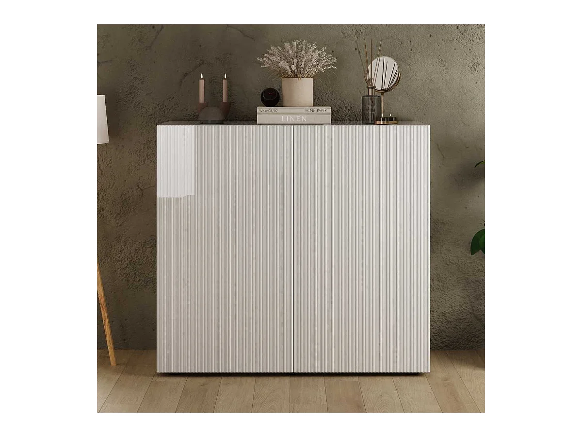 Rangement 2 portes blanc façades relief à stries verticales - JANEIRO BLANC