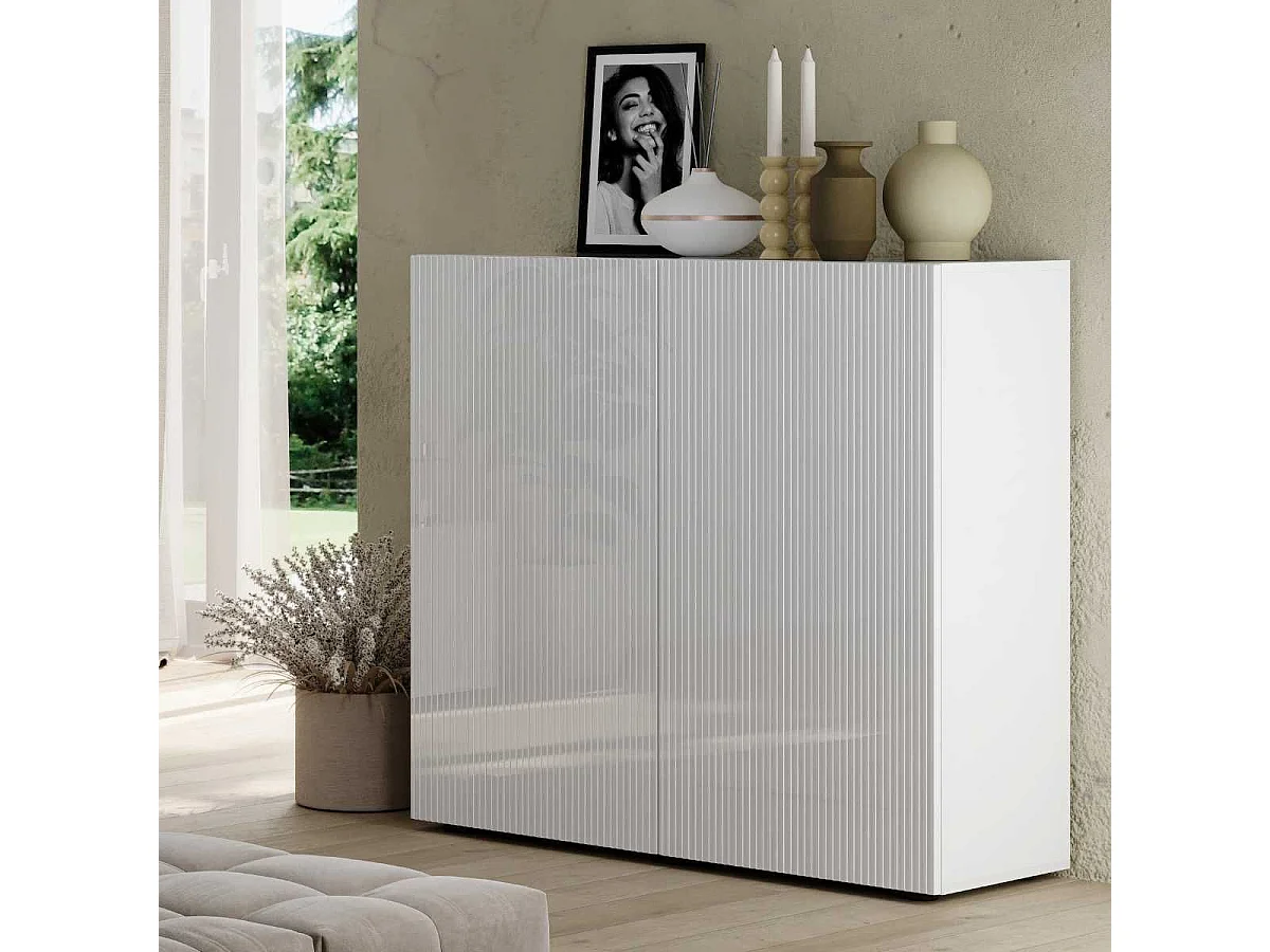 Rangement 2 portes blanc façades relief à stries verticales - JANEIRO BLANC