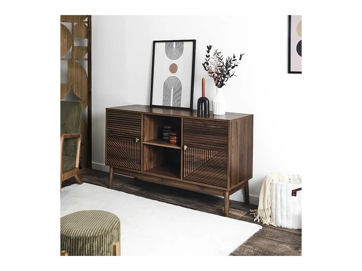 Buffet 2 portes 2 niches en bois et MDF pieds en pin teinté chêne foncé - COLETTE