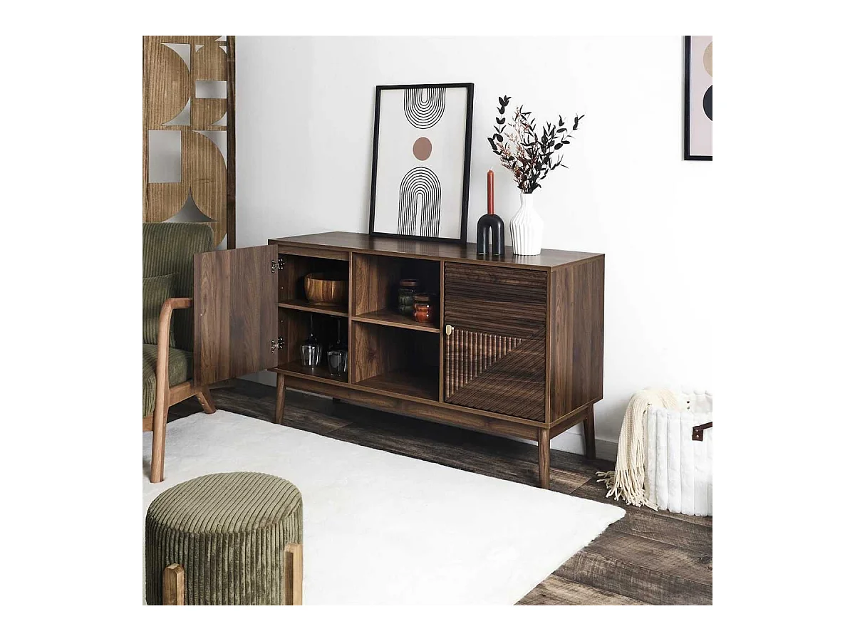 Buffet 2 portes 2 niches en bois et MDF pieds en pin teinté chêne foncé - COLETTE