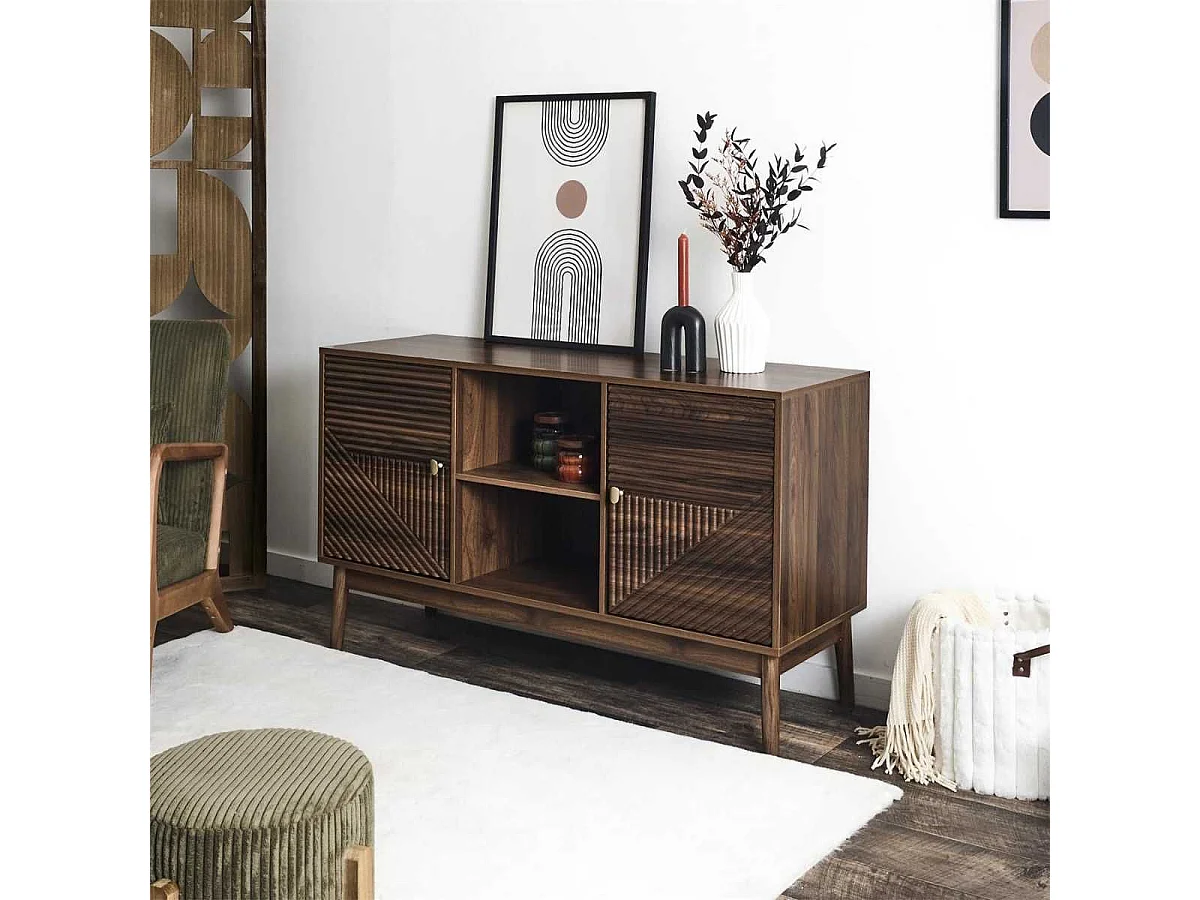 Buffet 2 portes 2 niches en bois et MDF pieds en pin teinté chêne foncé - COLETTE