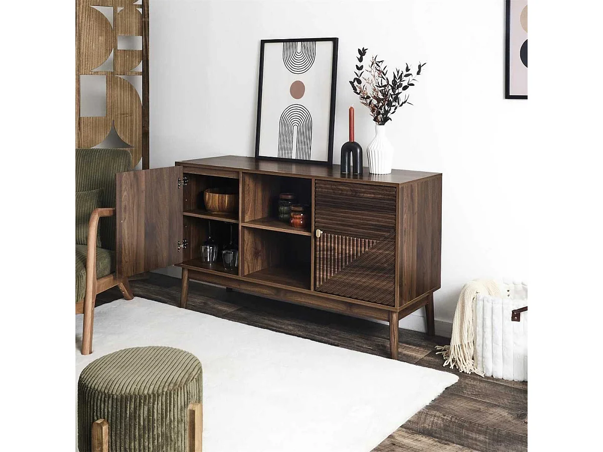 Buffet 2 portes 2 niches en bois et MDF pieds en pin teinté chêne foncé - COLETTE