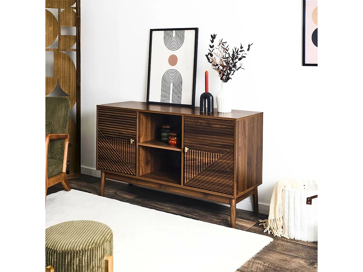 Buffet 2 portes 2 niches en bois et MDF pieds en pin teinté chêne foncé - COLETTE