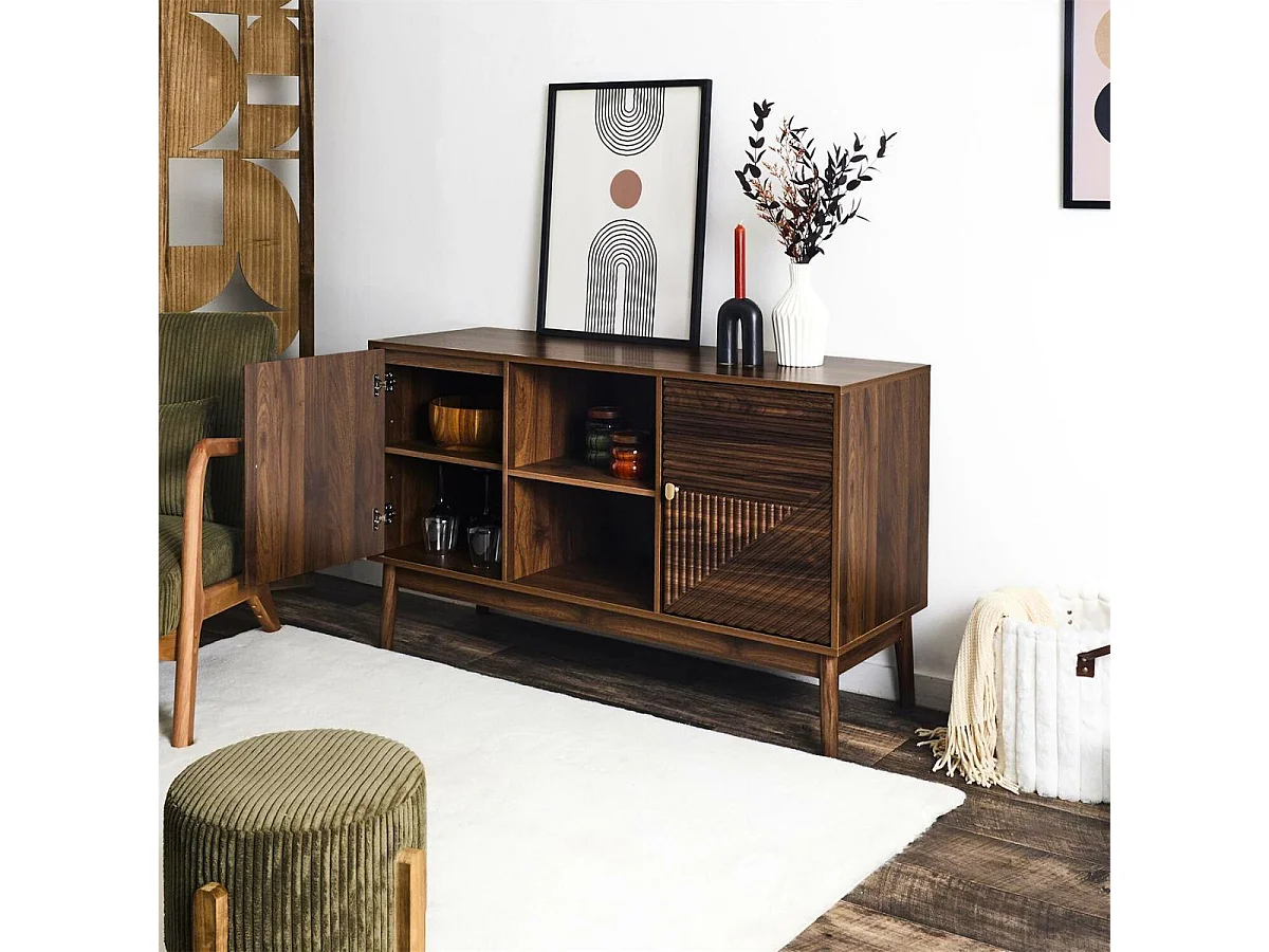 Buffet 2 portes 2 niches en bois et MDF pieds en pin teinté chêne foncé - COLETTE