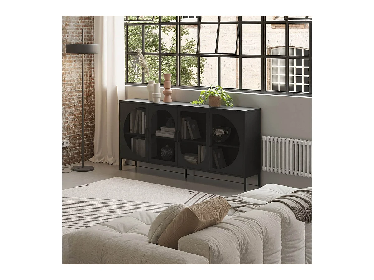 LIOVIA - Buffet 4 Portes Ajourées en Métal Noir