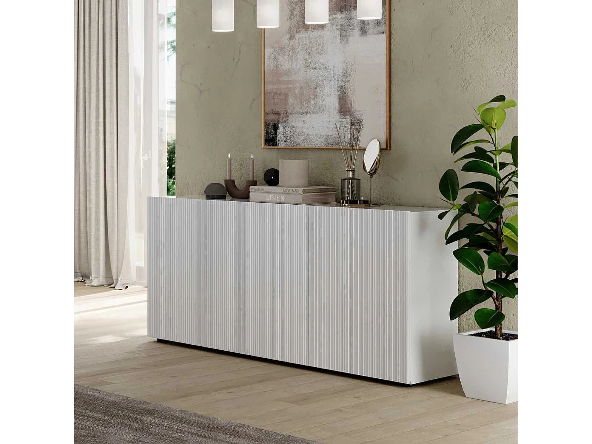 Buffet 3 portes blanc façades relief à stries verticales - JANEIRO BLANC