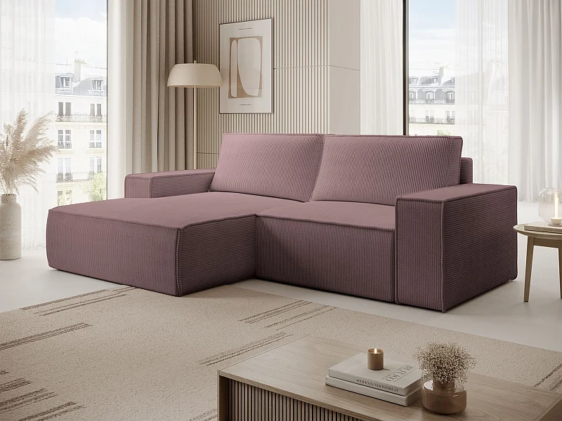 Canapé d’angle convertible – en velours côtelé – lilas – gauche – FARESE MINI