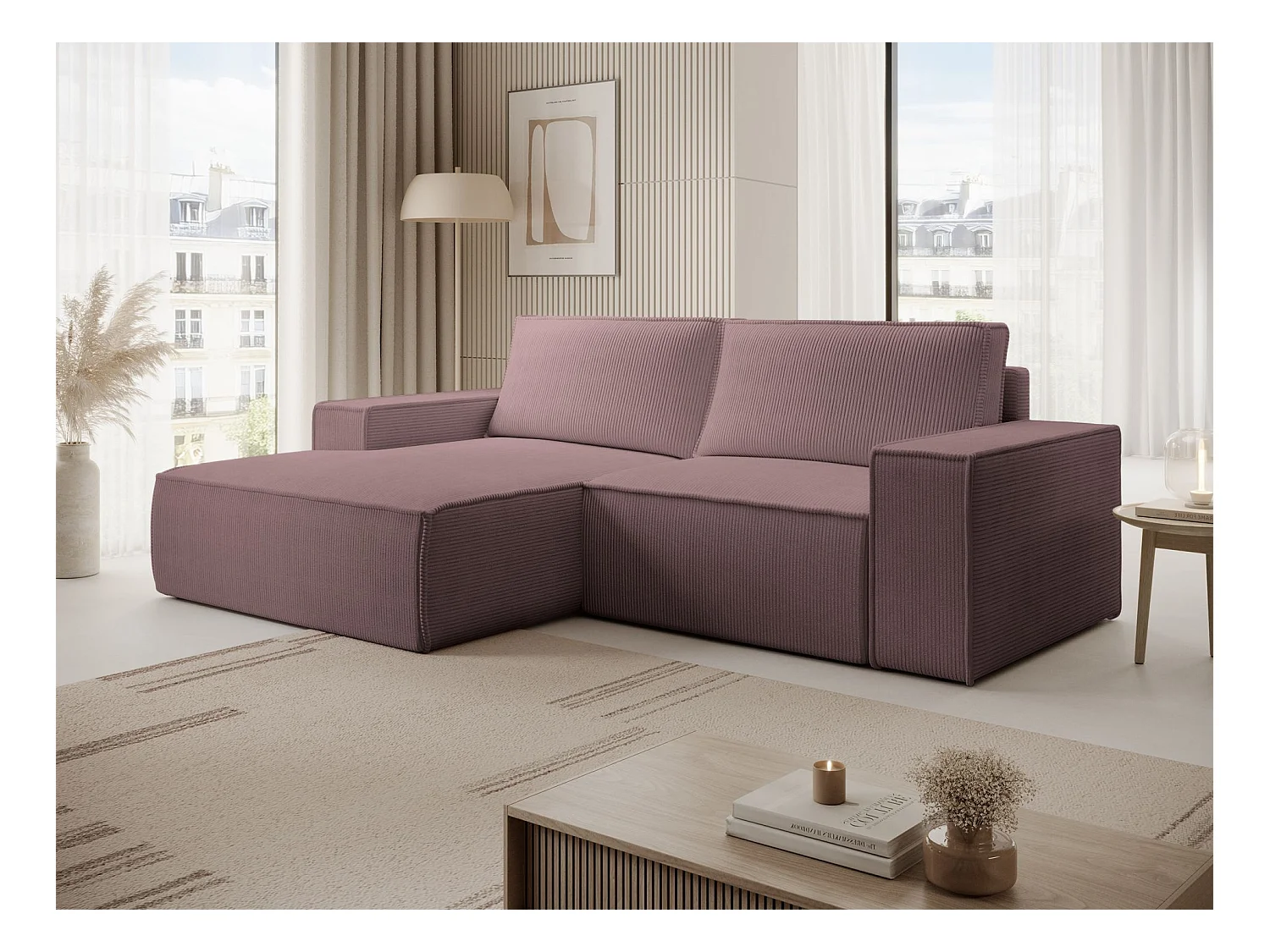 Canapé d’angle convertible – en velours côtelé – lilas – gauche – FARESE MINI